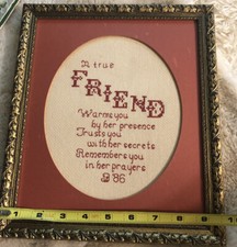 Vintage needlepoint Gold frame 11.5  X 9  A True Friend Poem Grannychic Cottage