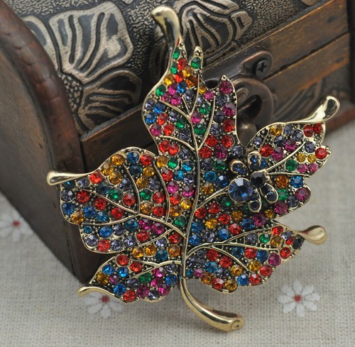 Huge Colourful Maple Leaf Gold Czech Crystal Brooch Pin 3.5" (8.7cm) - Picture 3 of 3