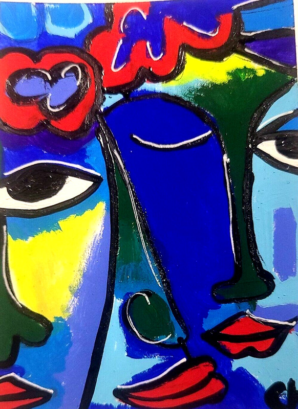 ACEO ORIGINAL   "ABSTRACT FACE" Acrylic & Gouache PAINTING  NEW
