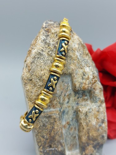 Brazalete de eslabones verdes vintage firmado Joan Rivers tono dorado $ X's en la barra 7 - Imagen 9 de 9