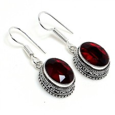 Red Garnet Gemstone Handmade 925 Sterling Silver Jewelry  Earring Sz 1.2"