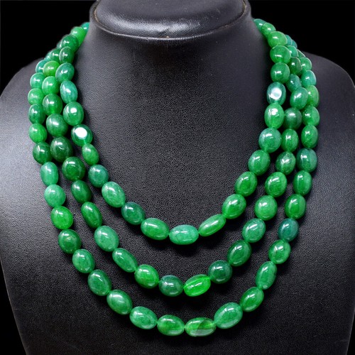 720.00 Cts Earth Mined Oval Shape 3 Strand Green Emerald Beads Necklace NK 22E76 - Picture 1 of 3