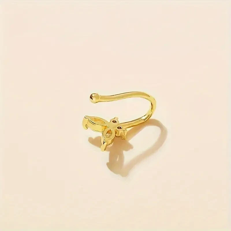 Rhinestone Butterfly U-shaped Fake Nose Ring Non-Piercing Sexy Clip on Golden