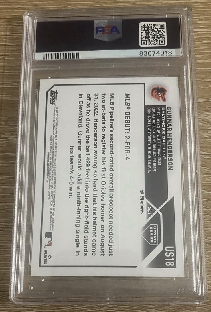 2023 TOPPS UPDATE GUNNAR HENDERSON ROOKIE #US18 PSA 8 view 2