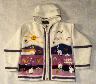 Hand knitted Alpaca Wool Children Kids Zip Up Sweater Jacket with 3D designs 4T