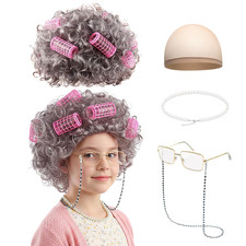 Old Lady Costume for Women, 5 PCS Kids 100 Days of School Grandma Wig Costume Ha