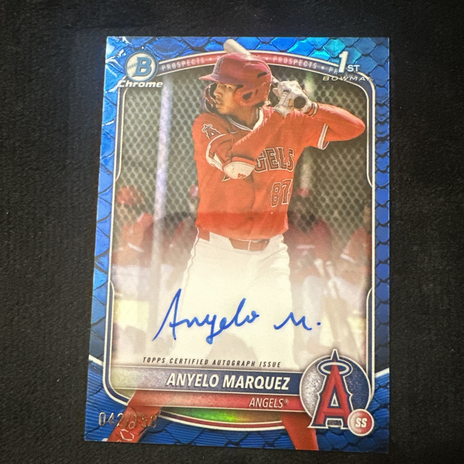 2025 Bowman Chrome Prospect 1st Auto Anyelo Marquez Angels Blue Reptilian /150