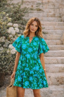 Sugarlips Dixie Green Floral Mini Dress Cotton Ruffle Tiered Boho XS NWOT