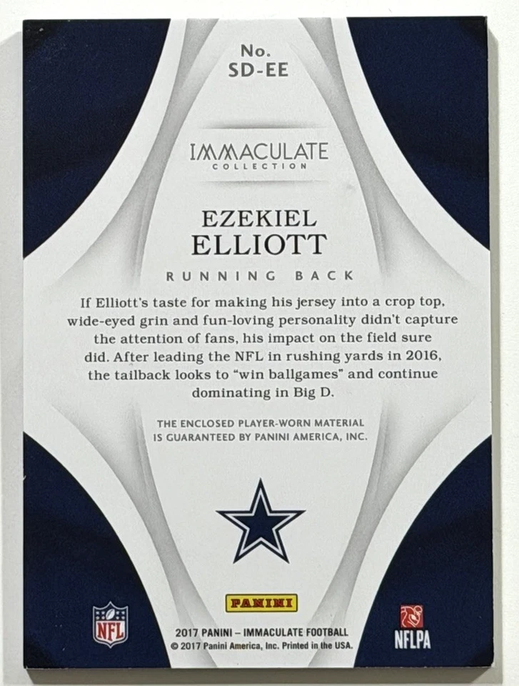 2017 PANINI IMMACULATE EZEKIEL ELLIOTT GAME USED JERSEY PATCH /5 - Image 2 of 2