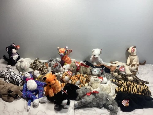 Vintage Lot of 25 Ty Beanie Babies with Tags All Cat Themed Names in Description
