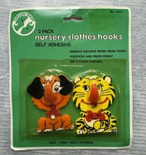 vintage 1970s Nursery Needs CLOTHES HOOKS 2 Pack cartoon kitsch dog & tiger NEW