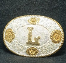 WK21160 AMAZING VINTAGE 1970s  L  INITIAL FASHION MENS SILVERTONE BELT BUCKLE