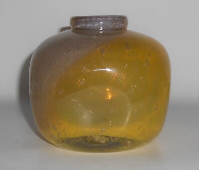 Vintage Randsfjordglass Bulbous Yellow Glass Vase by Hanna Hellum w/Sticker