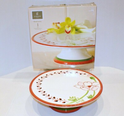 Gibson FLORAL STORY Stoneware Floral Pedestal Footed Cake Plate Stand - 12''