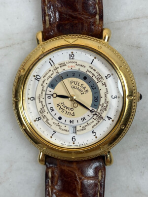 Vintage PULSAR Men's World Timer Watch. Quartz Gold Tone Extremely