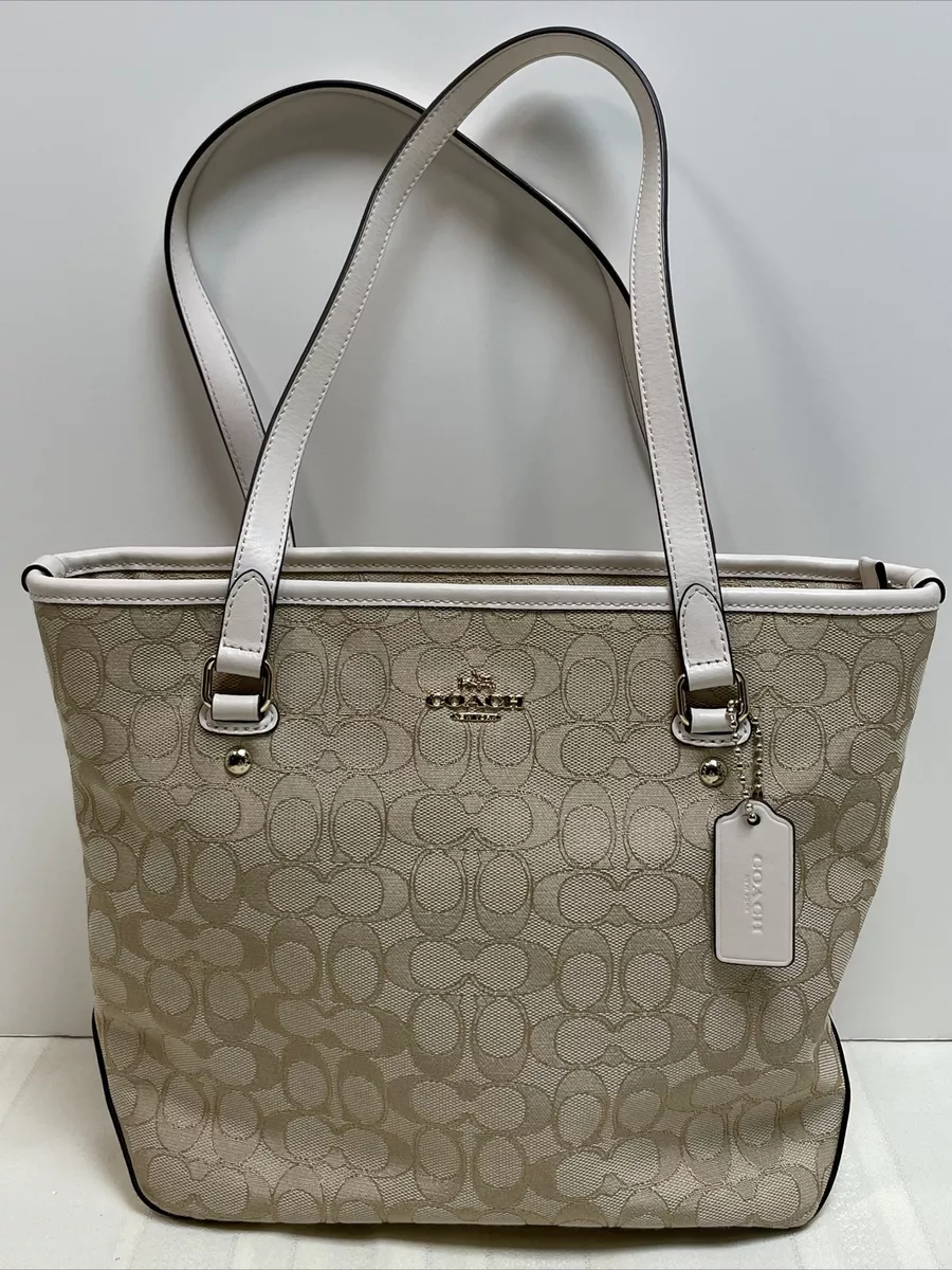 Coach Outline Signature Tote Bag F58282 Leather Corners Zip Top