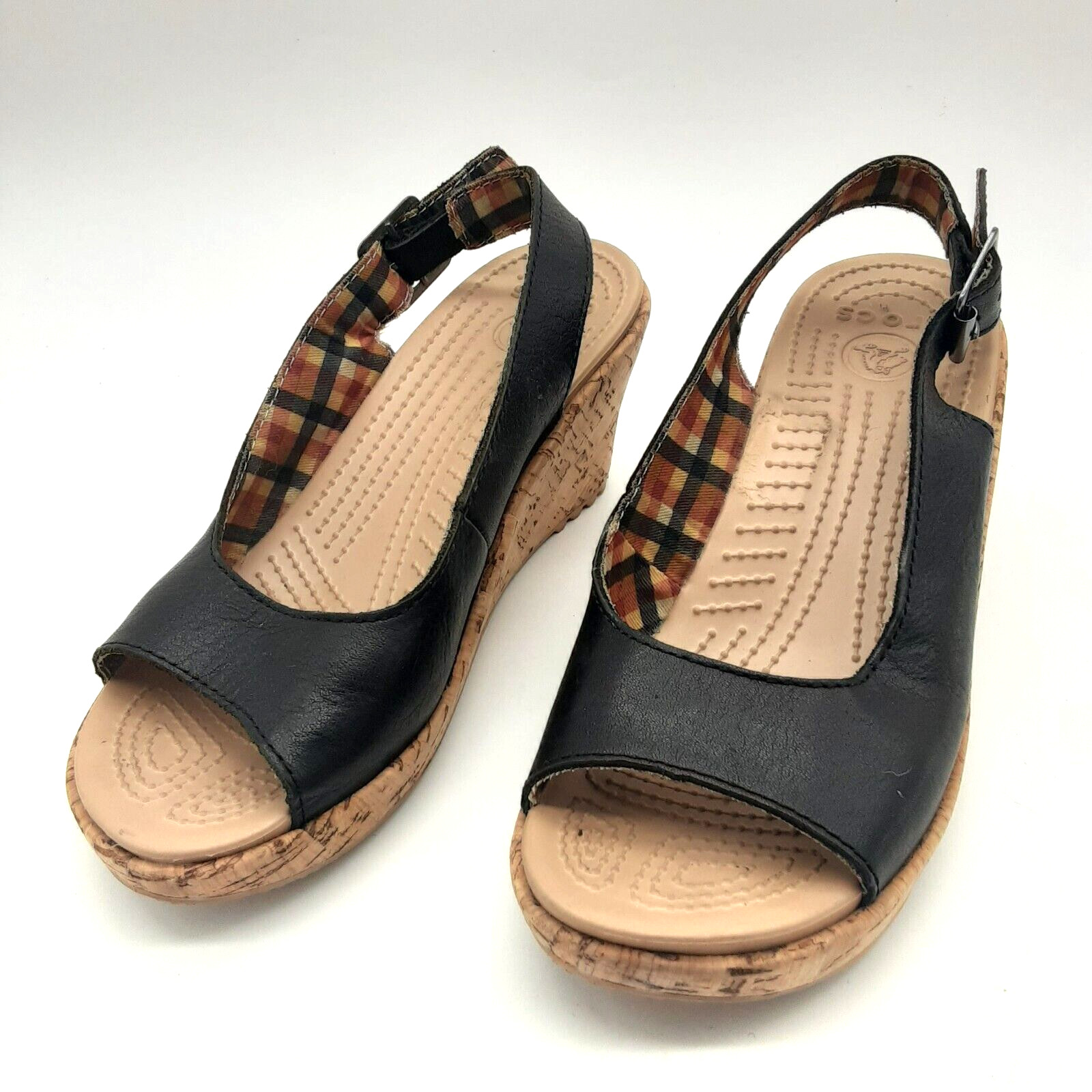 Crocs A-Leigh Black Leather Slingback Cork Wedge Sandal Size 6 - CUTE!