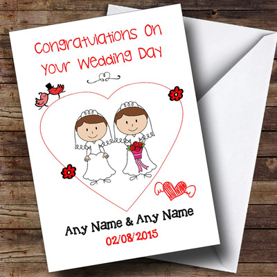 Süßes Doodle schwules lesbisches weibliches Paar beide brünette personalisierte Hochzeitskarte
