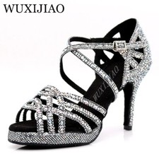 Silver Black Latin Dance Shoes Ladies Salsa Rhinestone Shoes Ballroom Heel Shoes