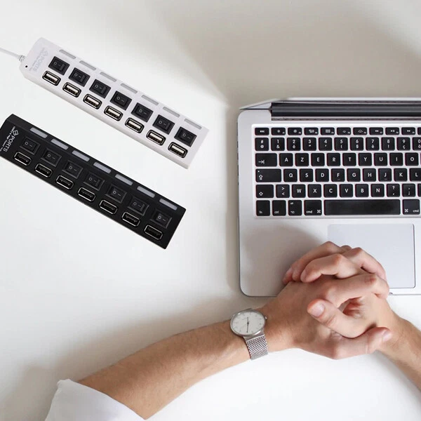 MULTIPRESA SDOPPIATORE INTERRUTTORE USB 2.0 ON/OFF CIABATTA COMPUTER 7 PORTE bi - Immagine 2 di 4