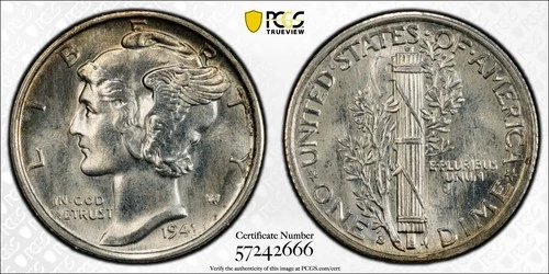 PCGS MS67 FB 1941-S Mercury Dime Full Bands