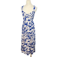 LOFT Blue White Floral Midi Dress Sleeveless V-Neck Size 14 Summer Resort Wear