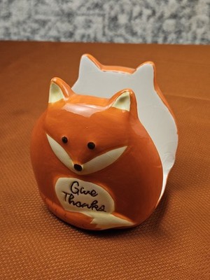 Vtg Give Thanks Fox Napkin Holder, Ceramic
