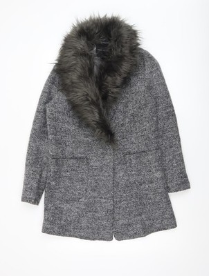 New Look Damen grau Kunstfellkragen Wollmischung mittellanger Mantel Größe 6