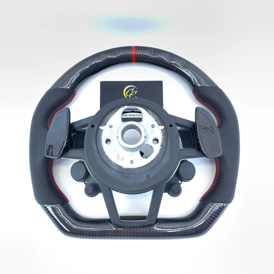 Volante de cuero de fibra de carbono brillante para 2016+ Audi R8 TTRS TT Quattro 4S 8S Foto 2 de 4