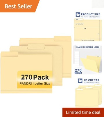 270-Pack  Manila File Folders with 1/3 Cut Tab for Efficient Organization