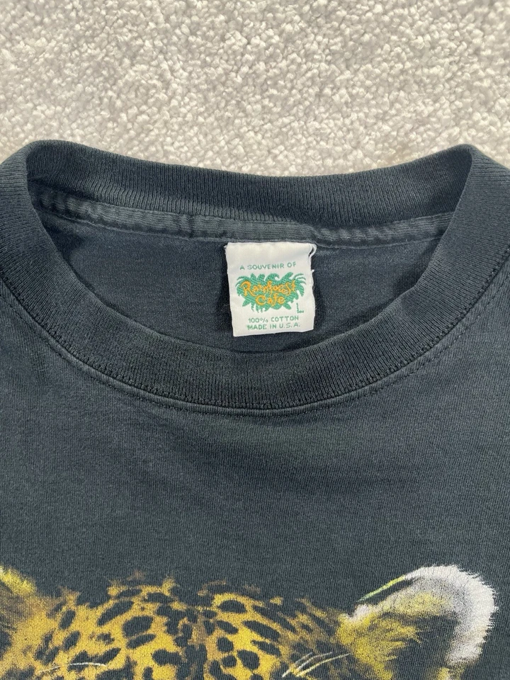 Camisa Café Selva Tropical De Colección Para Hombres L Negra Jaguar Naturaleza Selva Brilla Años 90 Y2K Foto 2 de 4