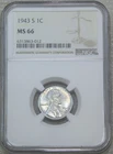 1943-S Lincoln Steel Cent NGC MS66 Bright Frosty Luster, PPQ New Holder #D153Z