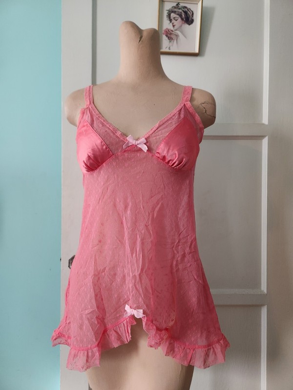 Victoria's Secret Angels Pink Heart Print Stretch Mesh Babydoll Sz M