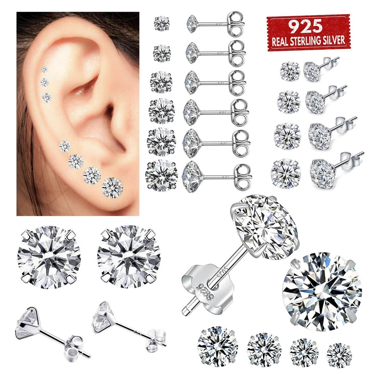 Buy Sterling Silver Stud Earrings for Women Men Girls- 3 Pairs of Tiny  Round Cubic Zirconia Earrings CZ Small Cartilage Tragus Earrings(4mm3  Pairs) at Amazon.in