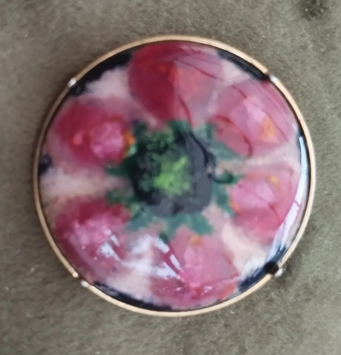 Hattie Carnegie Vintage Plaqué Or Vert Cabochon en Verre Émail Strass Broche