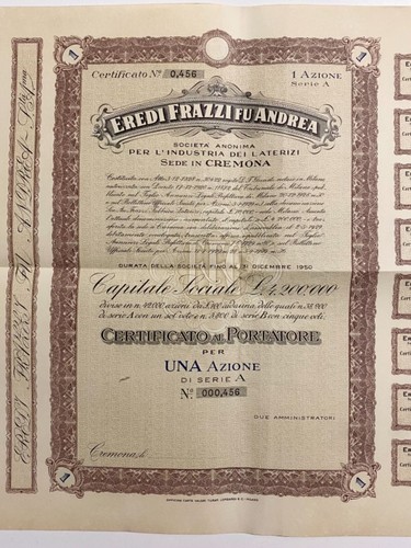 CREMONA EREDI FRAZZI FU ANDREA SOC. ANONIMA LATERIZI 1 AZIONE 1950 SCRIPOFILIA - Picture 2 of 3