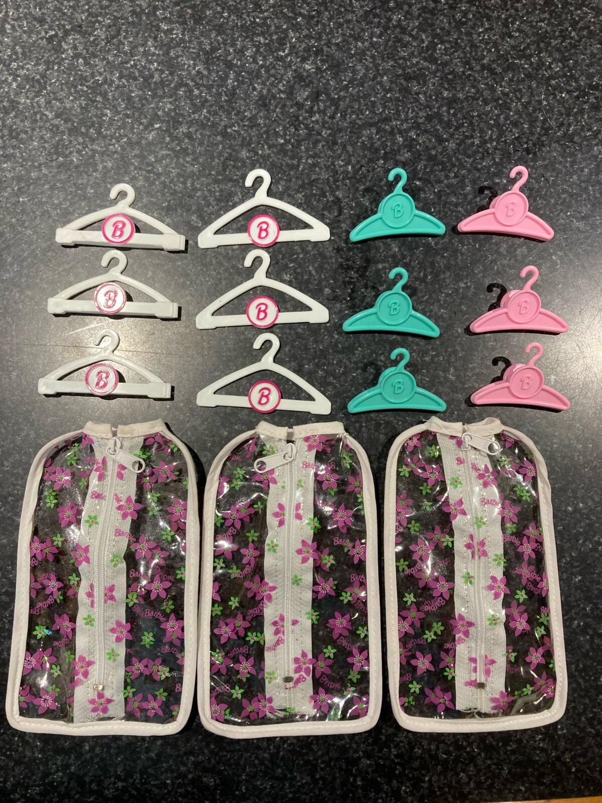 Vintage Barbie hangers set of 12 with 3 zip dress bags pre-owned  -image