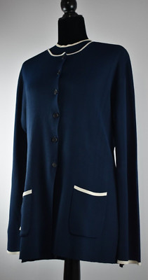 Faconnable Sz L Navy White Twin Set Top&Mid Length Cardigan Knit Jacket Pockets