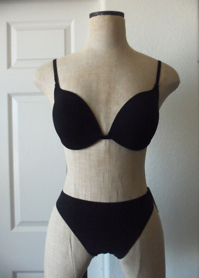 Hanro ALLURE Black Stretch Polyamide Deep Plunge Padded UW Bra 36B & Thong M