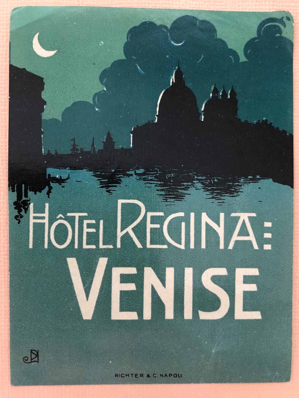 Vintage Luggage Label Hotel Regina Venice Italy by Richter  -image