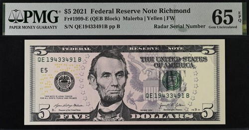 2021 $5 Federal Reserve Note PMG 65EPQ - Fancy Radar Serial Number 19433491 - Picture 2 of 3