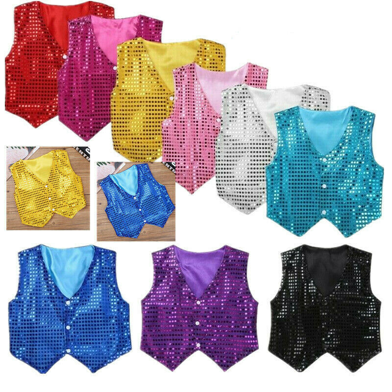 Kids Boys Sequin Vest Waistcoat Choir Jazz Dance Tops Stage Performance  Costumes