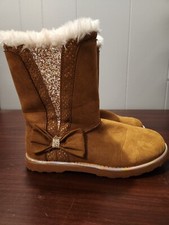 Girls Magellan brown faux suede whitefur shearling sherpa boots 4 sequin sparkle