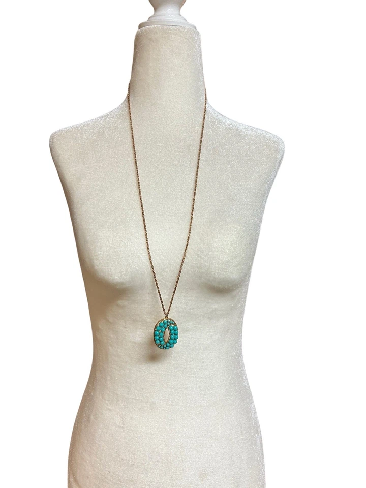 Vintage Necklace 32” goldtone with blue stones stamped R Boho Hollywood Regency - Image 4 of 4