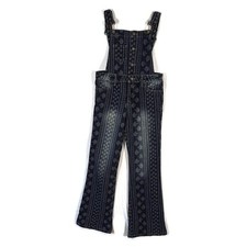 12K Overalls Teen Girls Size 12 Blue Denim Hippie Pattern 6 Pocket Cotton Blend