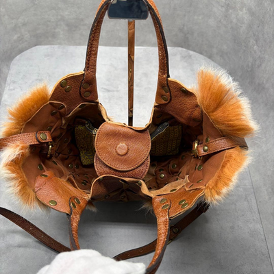Jamin Puech Fur Patch Leather 2Way Bag Brown Studded Tote Shoulder