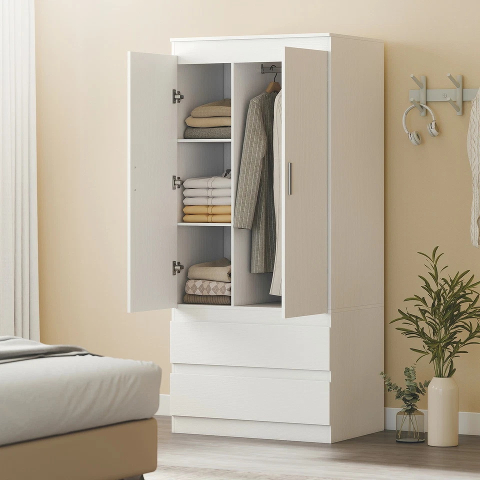 Kleiderschrank mit 2 Soft-Close-Türen Garderobenschrank mit 2 Schubladen Weiß - Bild 2 von 4