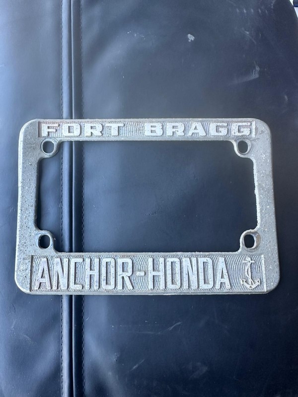 Fort Bragg California  ANCHOR HONDA Metal Motorcycle License Plate Frame  RARE