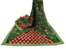 Indian Vintage Heavy Saree Green Red Pure Georgette Silk Hand Embroidered Sari