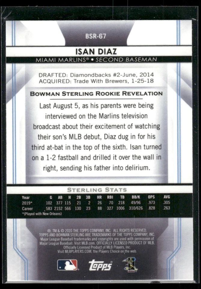 #BSR-67 Isan Diaz 2020 Bowman Sterling Rookie - Image 2 of 2